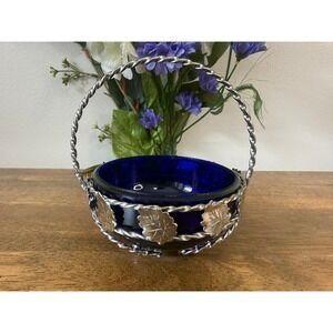 Vintage Cobalt Blue Glass Basket Silver Tone Leaf Holder Candy Dish Decor MCM